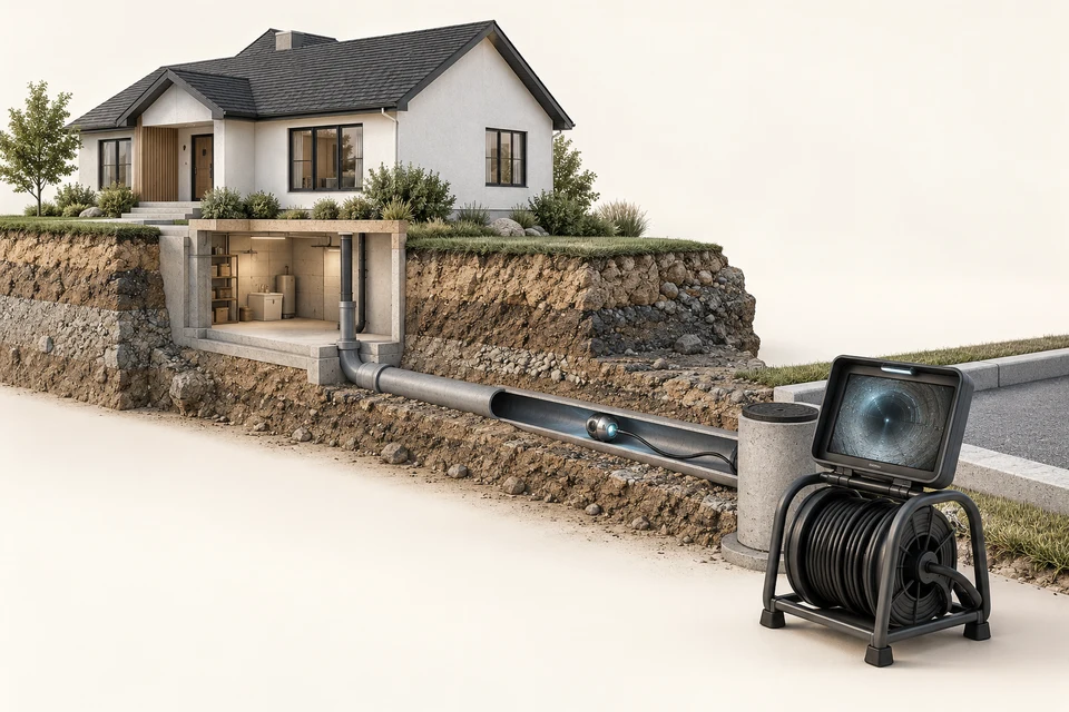 Original architectural illustration of a bungalow basement and underground sewer camera with reel and monitor